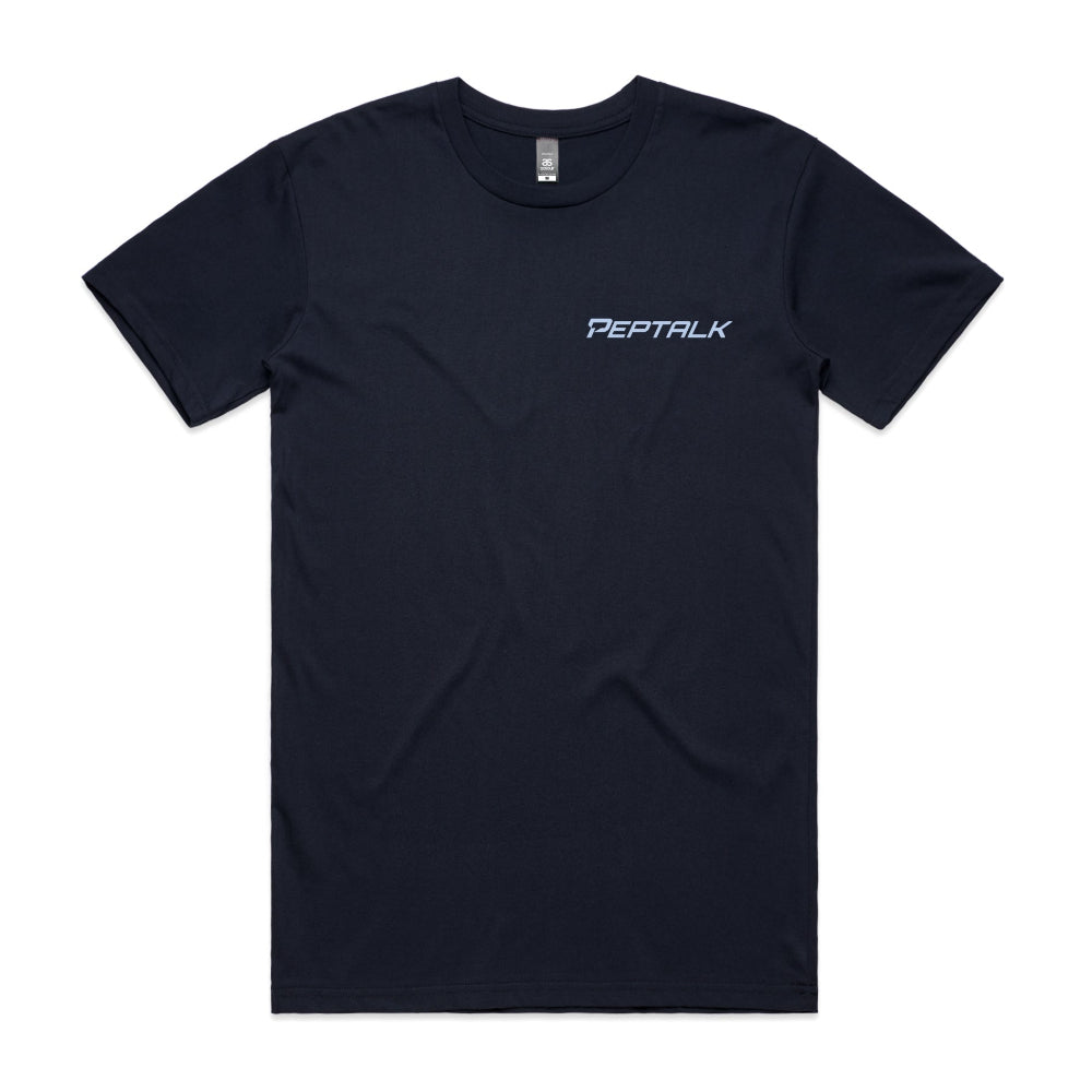 Navy men's t-shirt with light blue 'Peptalk' logo on a white background
