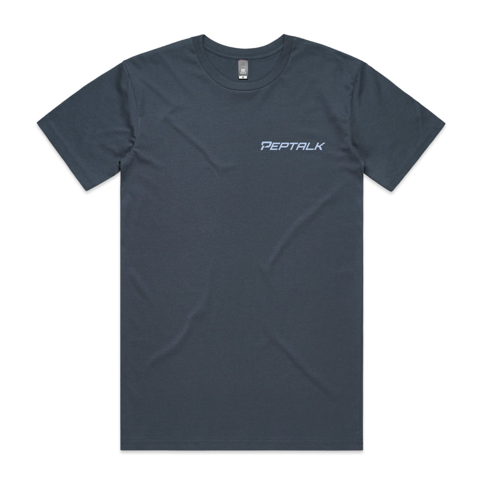 Petrol blue men's t-shirt with light blue 'Peptalk' logo on a white background