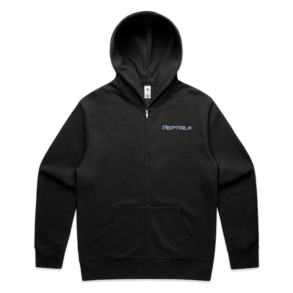 Black zip hoodie with blue PepTalk logo on white background
