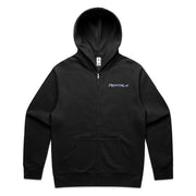 Black zip hoodie with blue PepTalk logo on white background