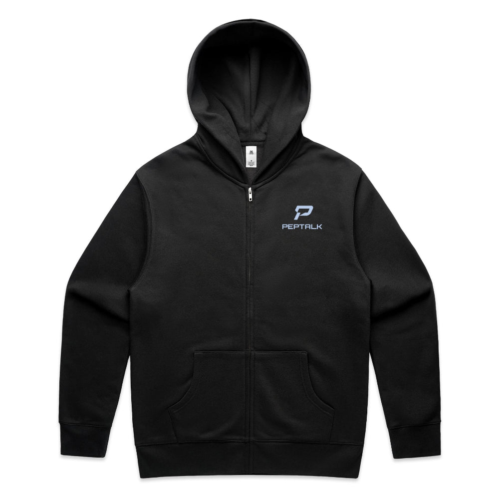 Black zip hoodie with blue portrait PepTalk logo on white background