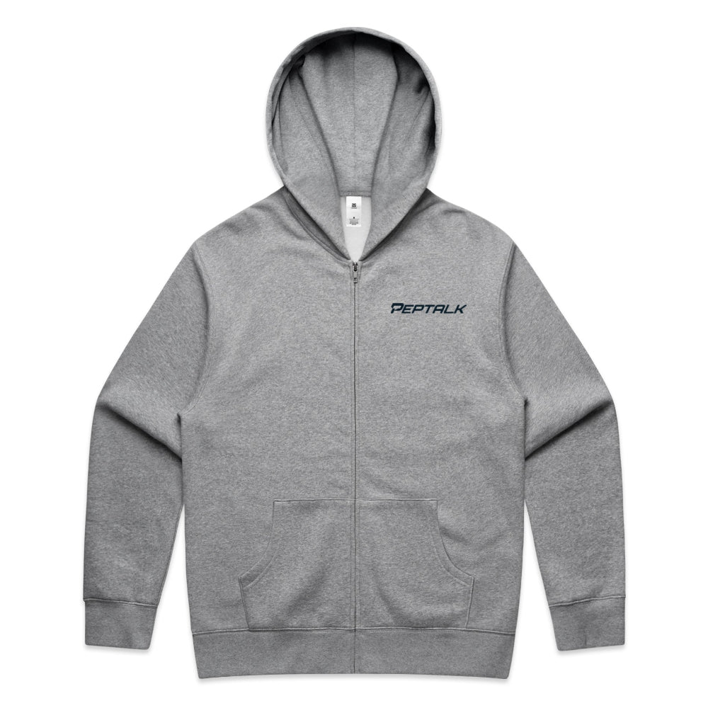 Grey zip hoodie with navy PepTalk logo on white background
