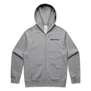 Grey zip hoodie with navy PepTalk logo on white background