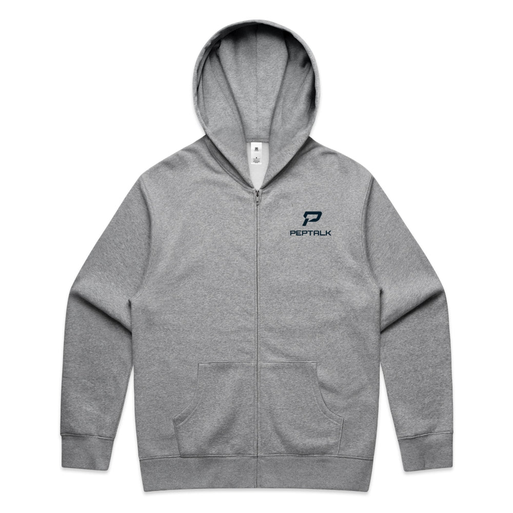 Grey zip hoodie withnavy portrait PepTalk logo on white background