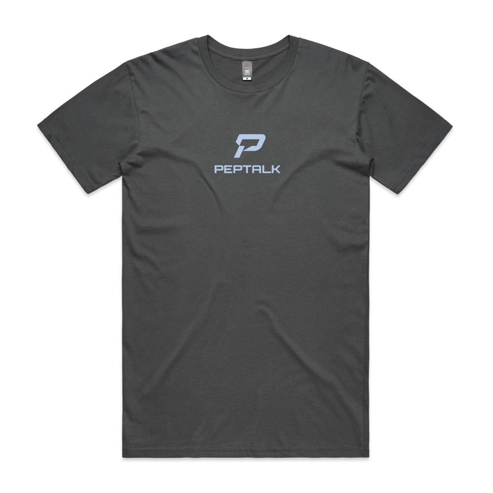 Charcoal colour men's shirt with PepTalk portrait logo at the centre
