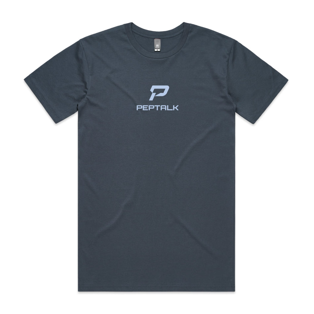 Petrol blue men's shirt with PepTalk portrait logo at the centre
