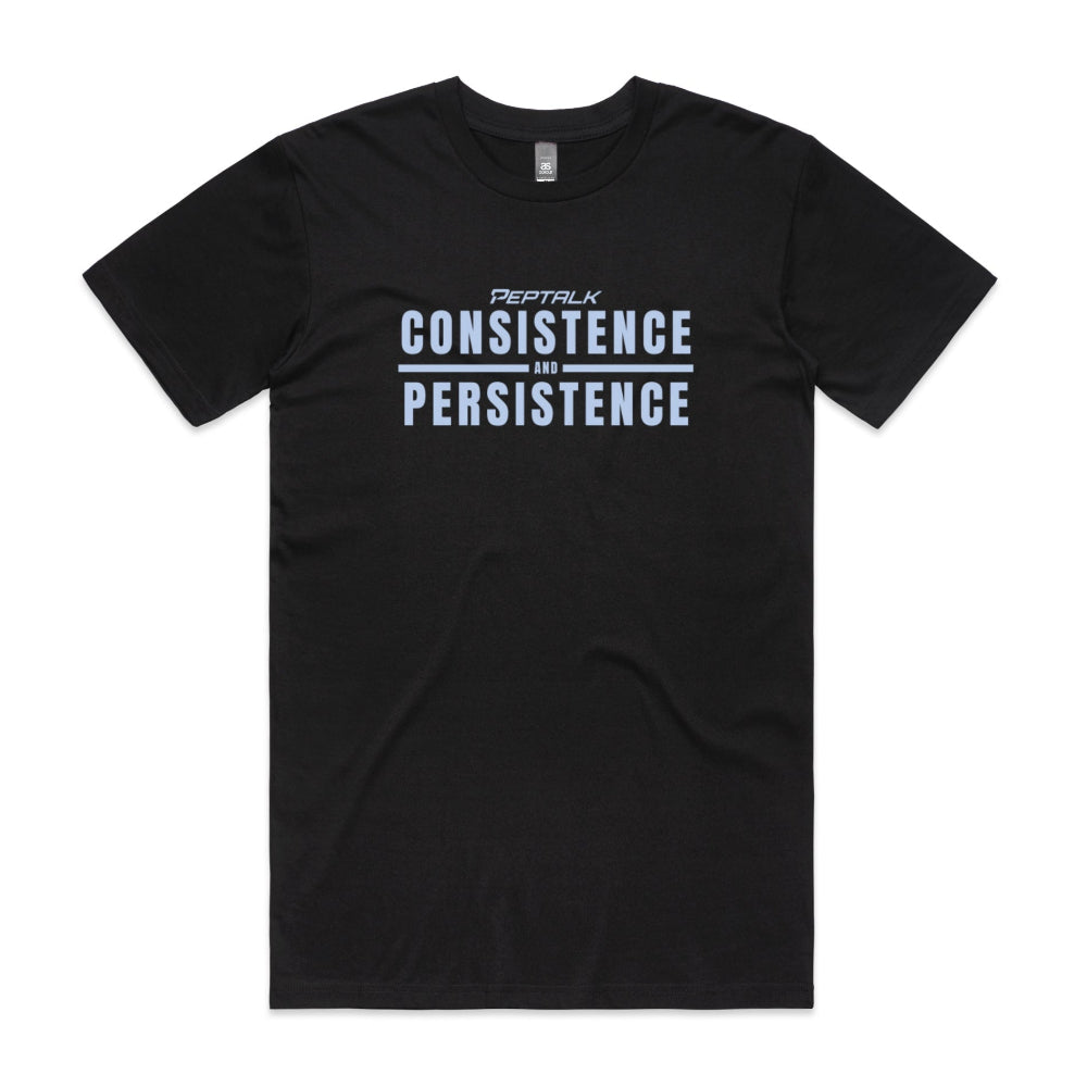 Black men's shirt with "Consistence and Persistence" design