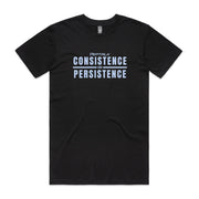 Black men's shirt with "Consistence and Persistence" design