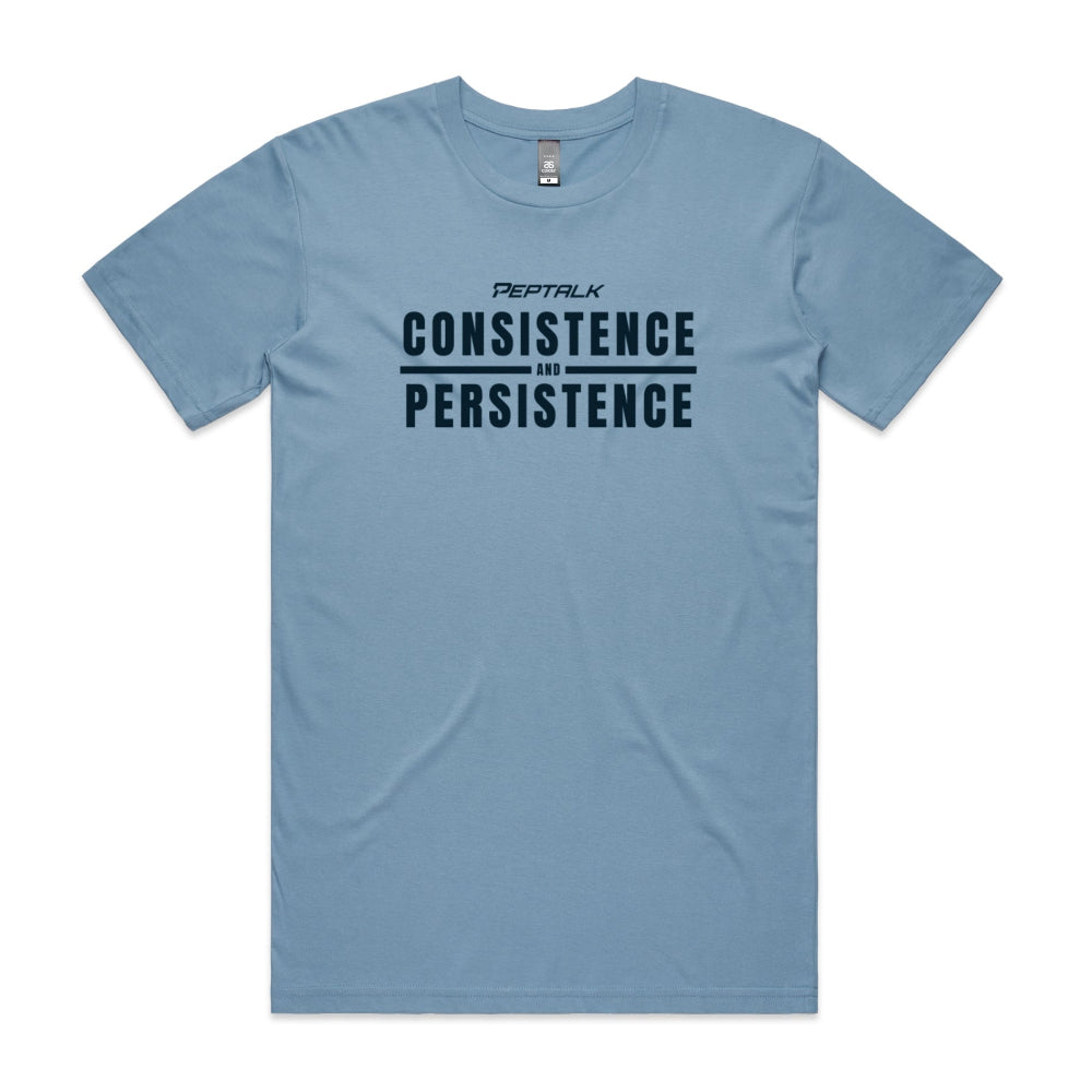 Carolina blue men's shirt with Consistence and Persistence design