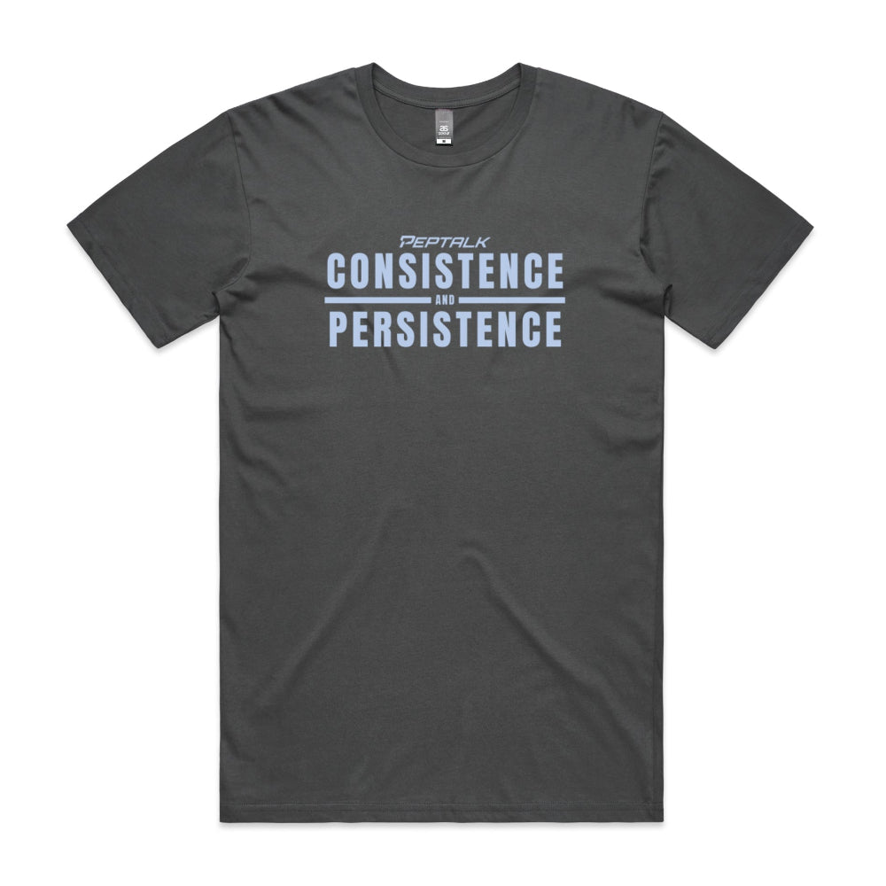 Charcoal men's shirt with "Consistence and Persistence" design