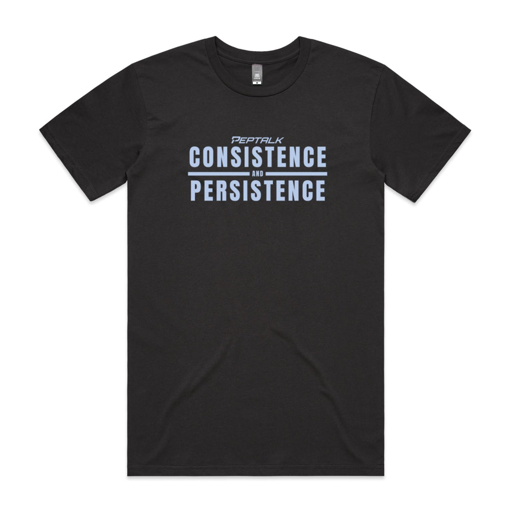 Coal men's shirt with "Consistence and Persistence" design