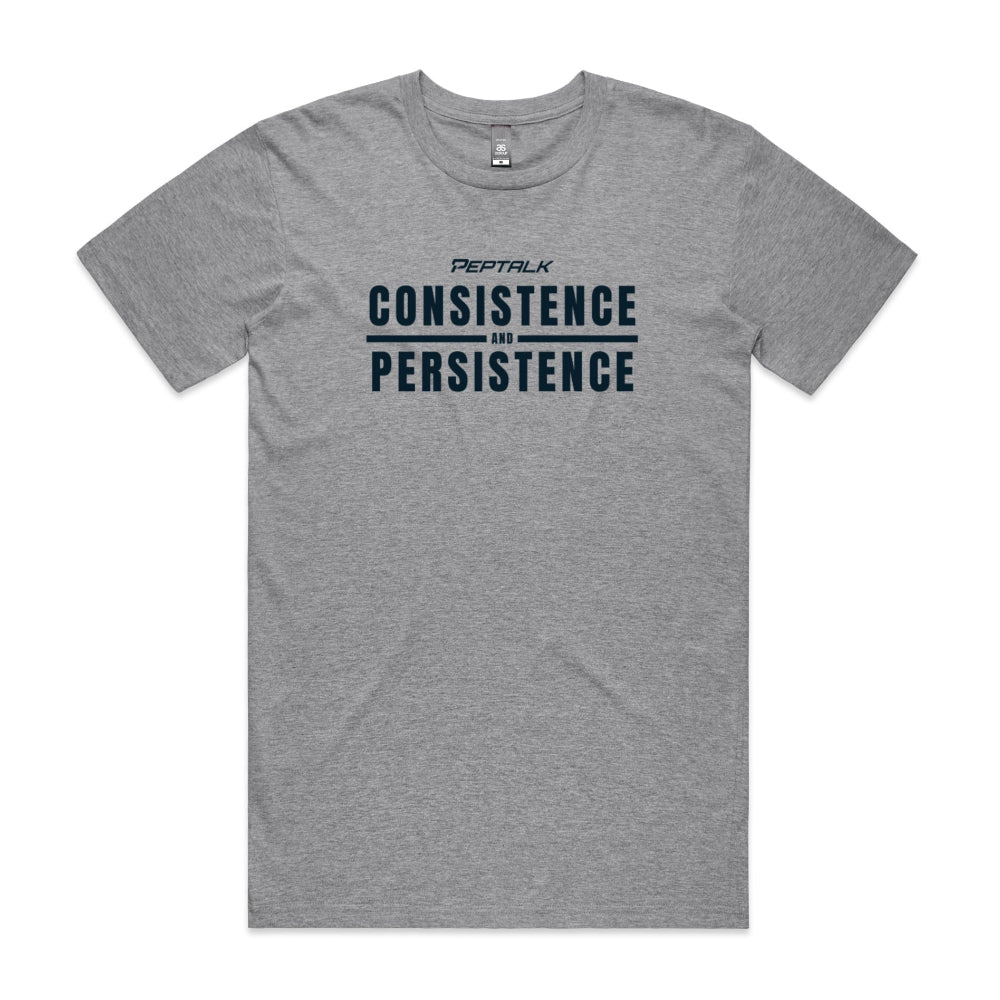 Grey men's shirt with Consistence and Persistence design