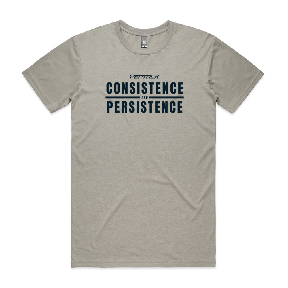 Light grey men's shirt with Consistence and Persistence design