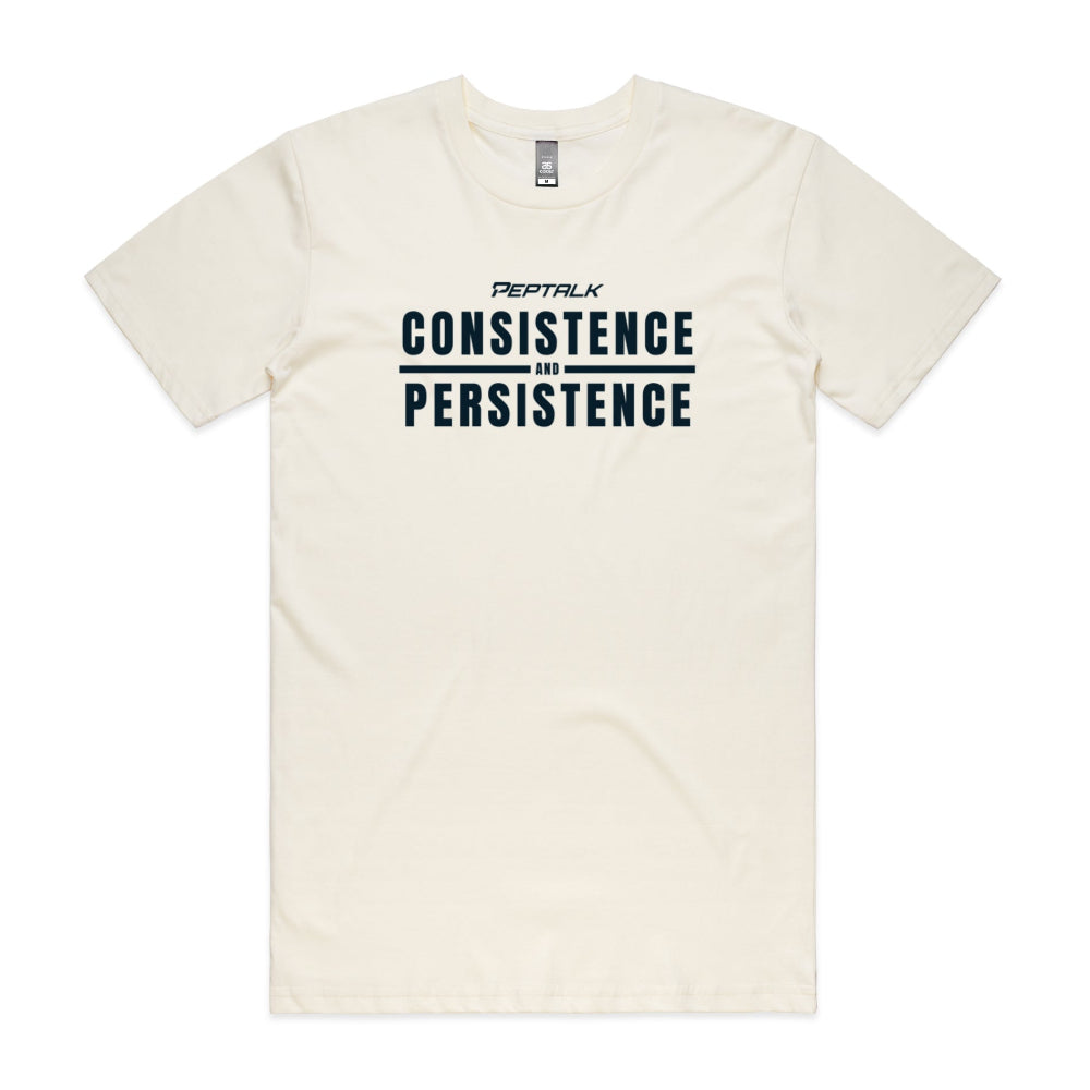 Beige men's shirt with Consistence and Persistence design