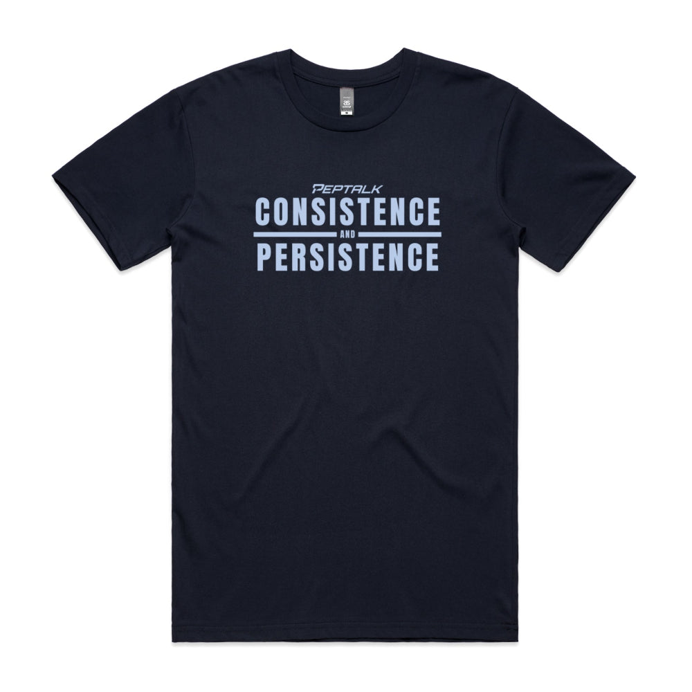 Navy men's shirt with "Consistence and Persistence" design