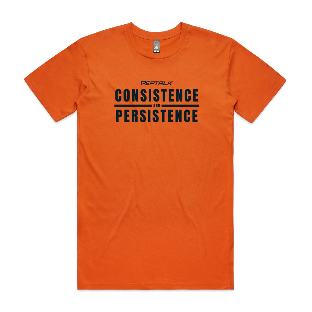 Orange men's shirt with Consistence and Persistence design