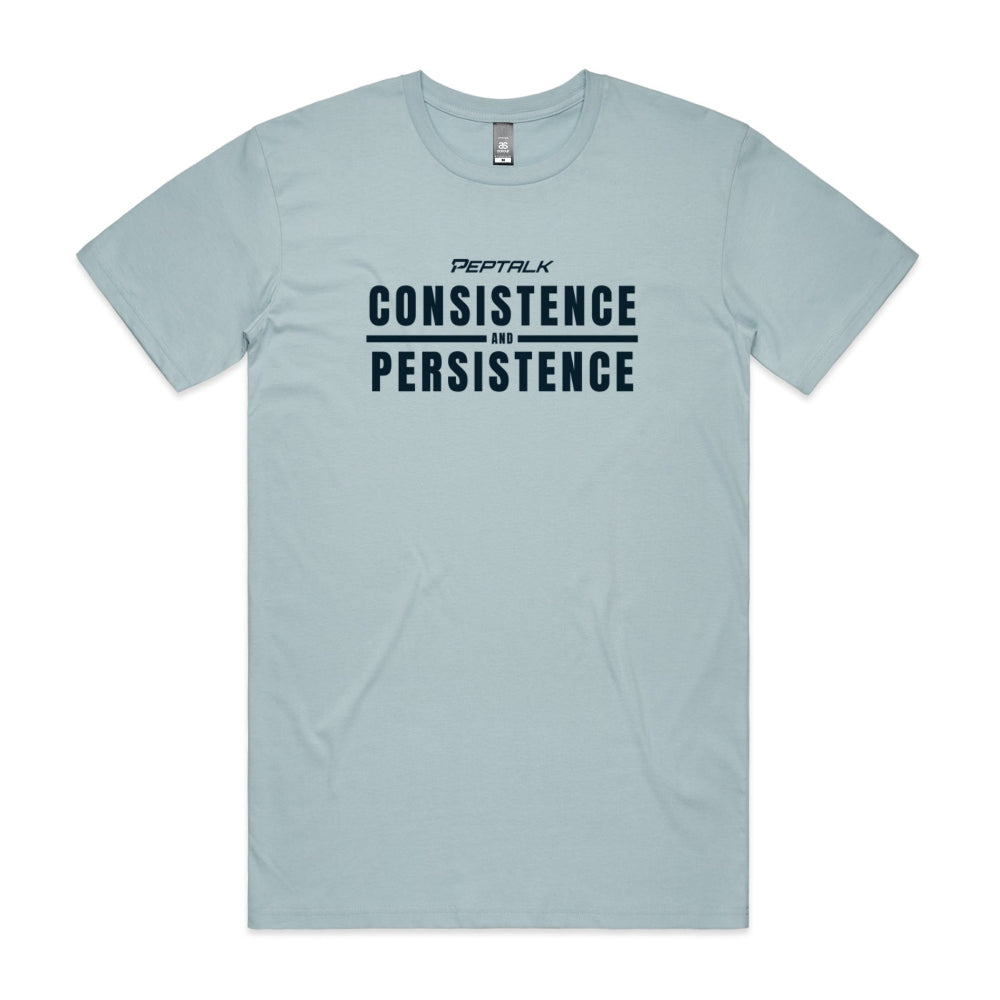 Light blue men's shirt with Consistence and Persistence design