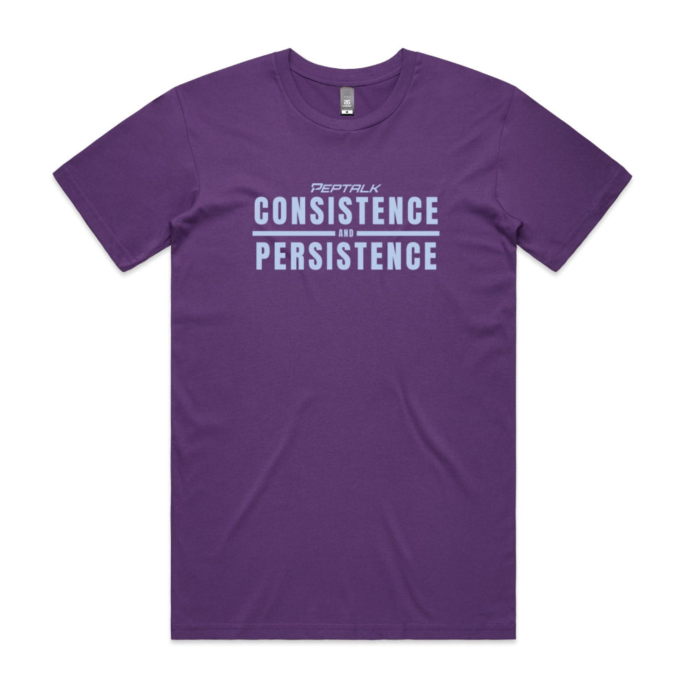 Purple men's shirt with "Consistence and Persistence" design