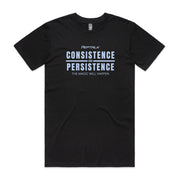 Black men's shirt with "Consistence and Persistence, The Magic Will Happen" design