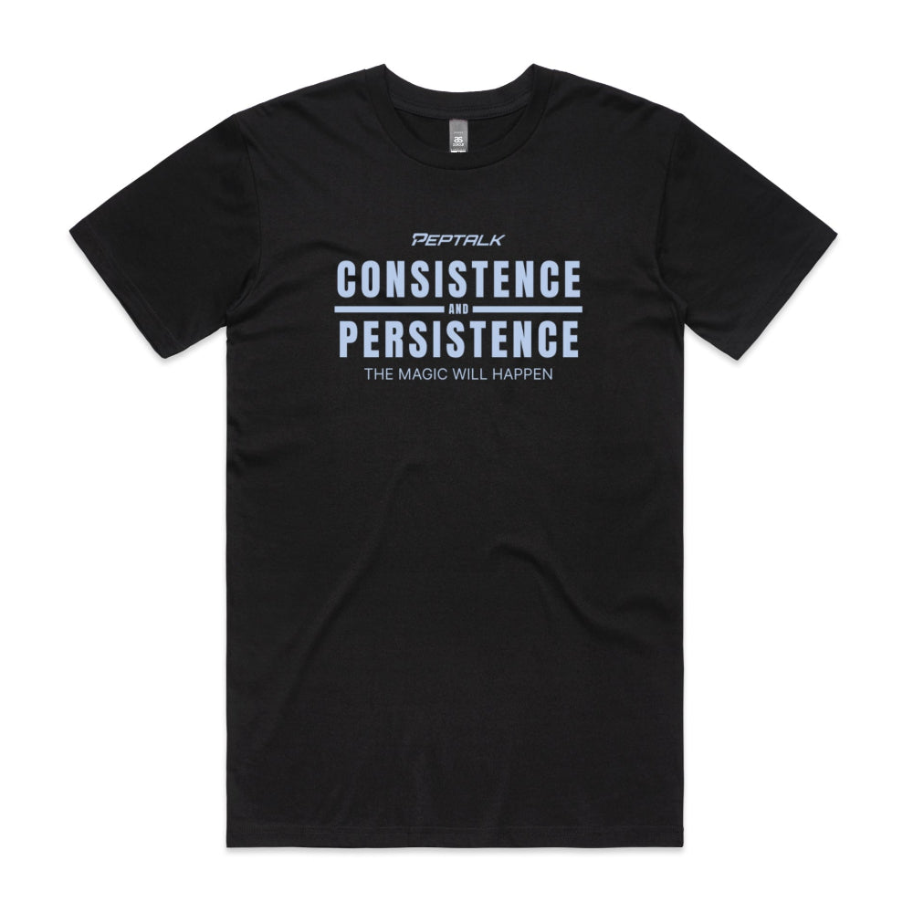 Black men's shirt with "Consistence and Persistence, The Magic Will Happen" design
