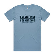 Carolina blue men's shirt with "Consistence and Persistence, The Magic Will Happen" design
