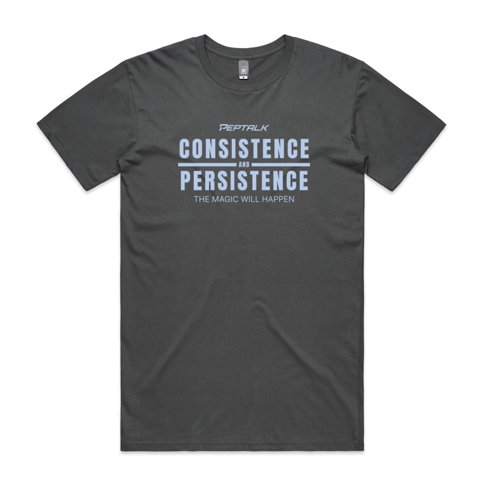 Charcoal colour men's shirt with "Consistence and Persistence, The Magic Will Happen" design