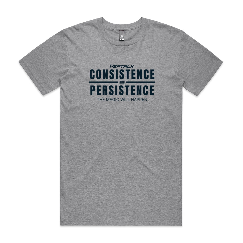 Grey men's shirt with "Consistence and Persistence, The Magic Will Happen" design
