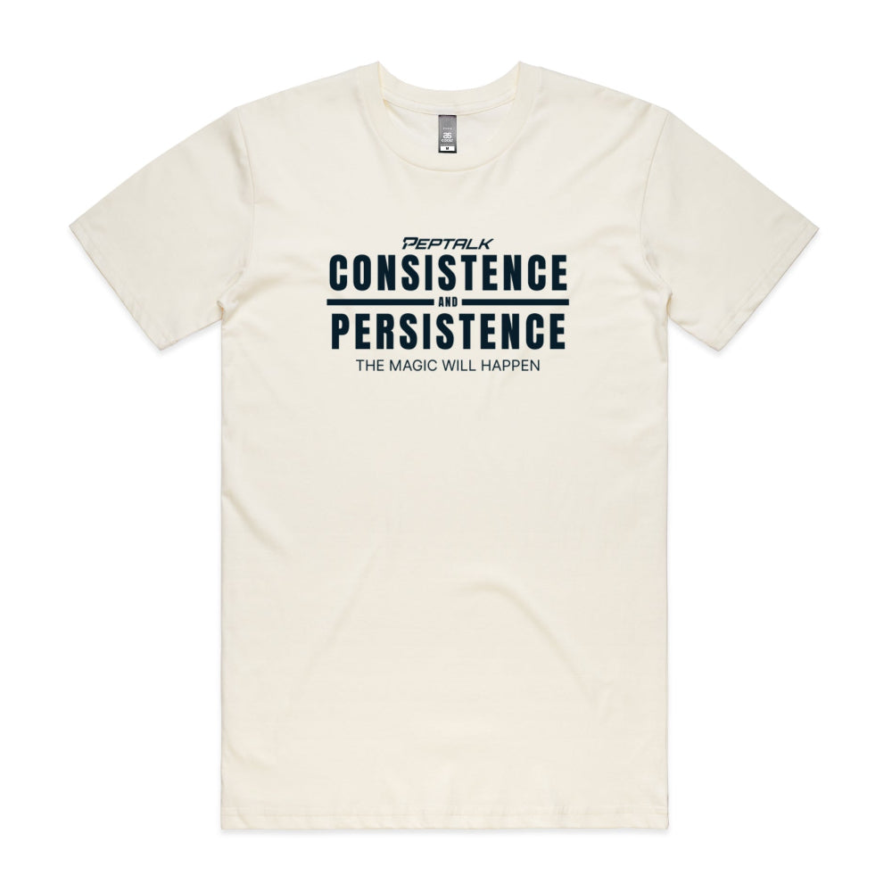 Beige men's shirt with "Consistence and Persistence, The Magic Will Happen" design