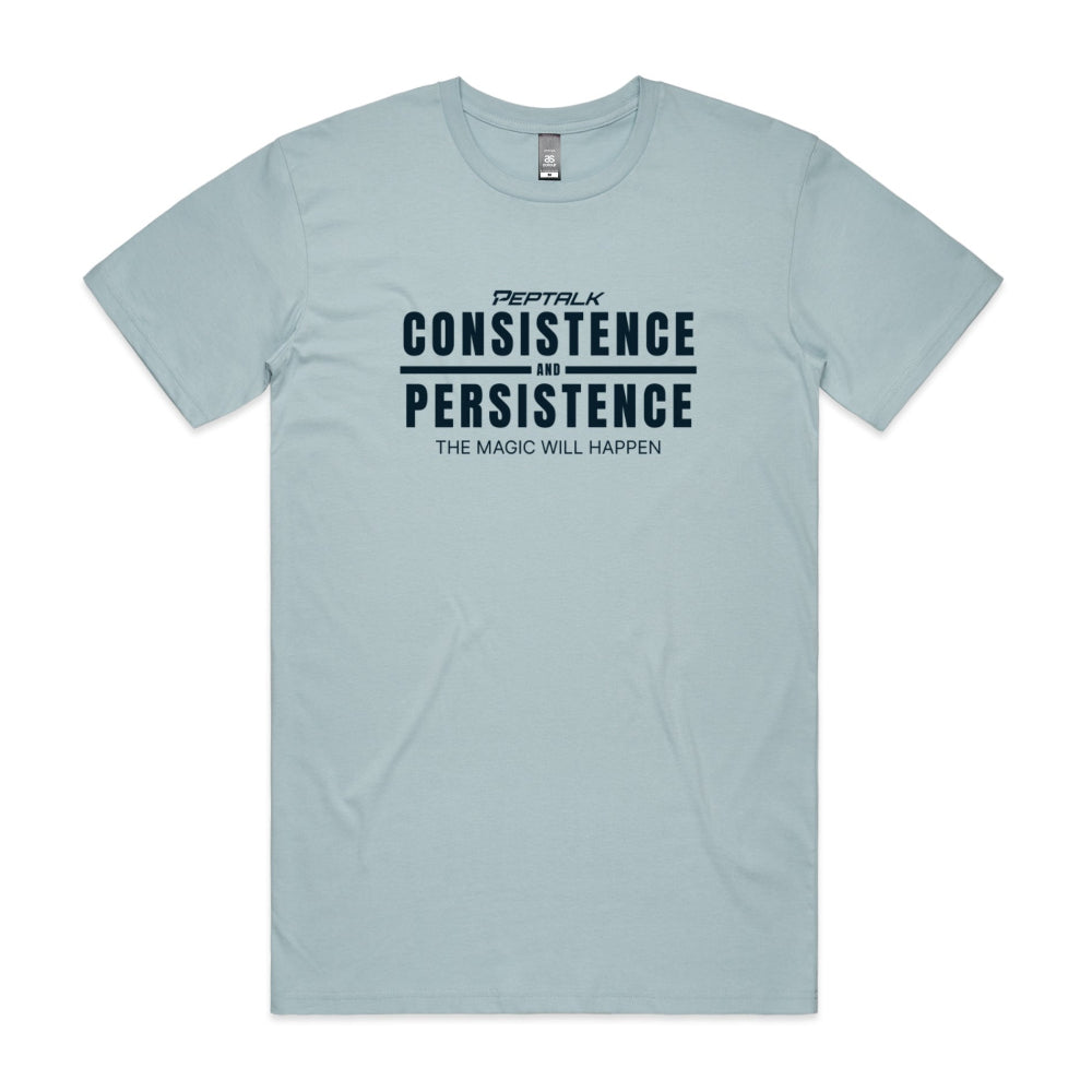 Light blue men's shirt with "Consistence and Persistence, The Magic Will Happen" design