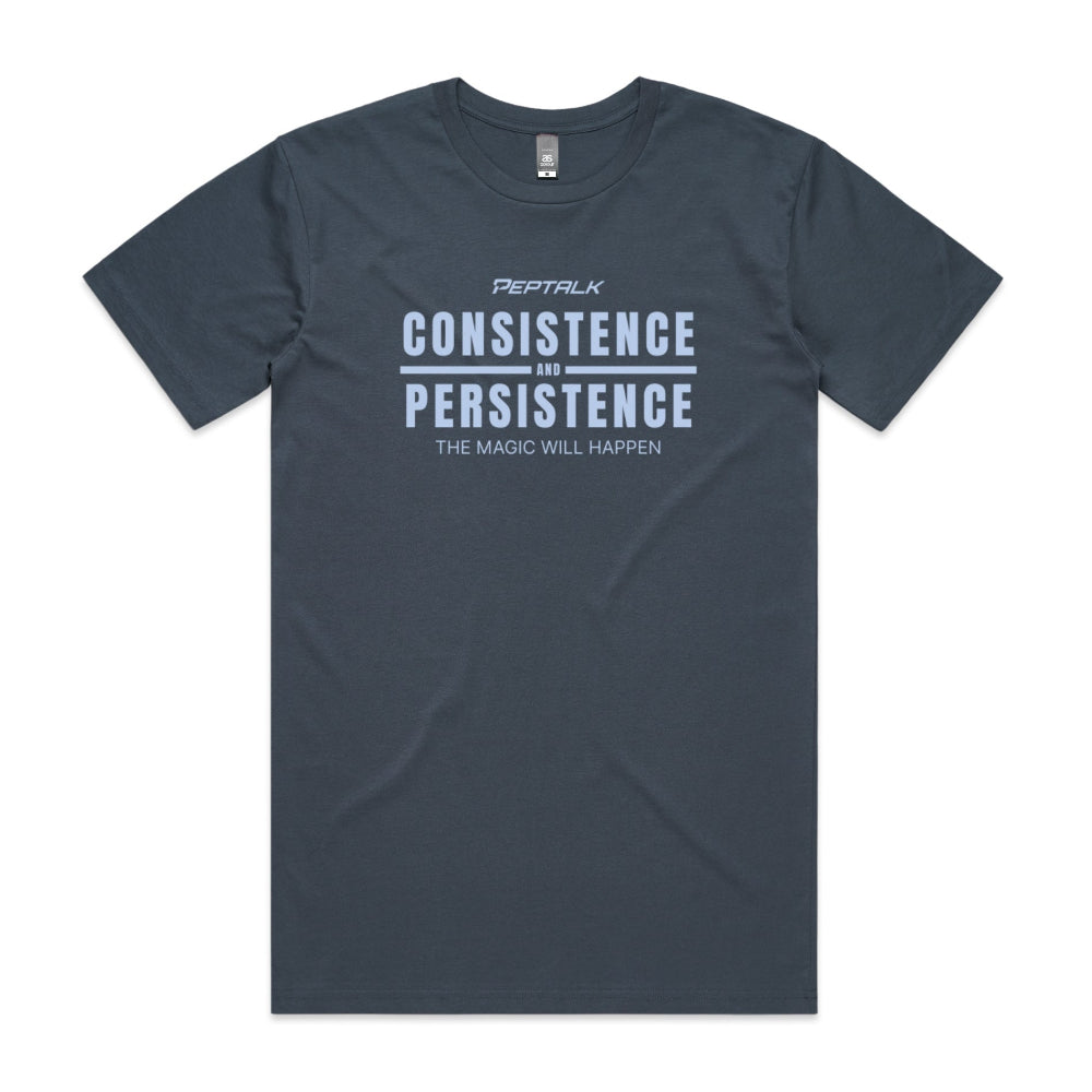 Petrol blue men's shirt with "Consistence and Persistence, The Magic Will Happen" design