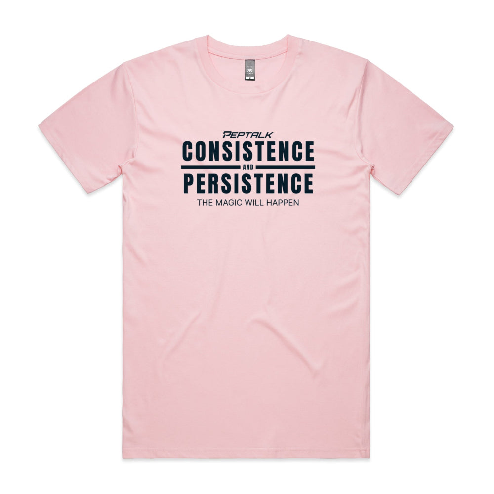 Pink men's shirt with "Consistence and Persistence, The Magic Will Happen" design