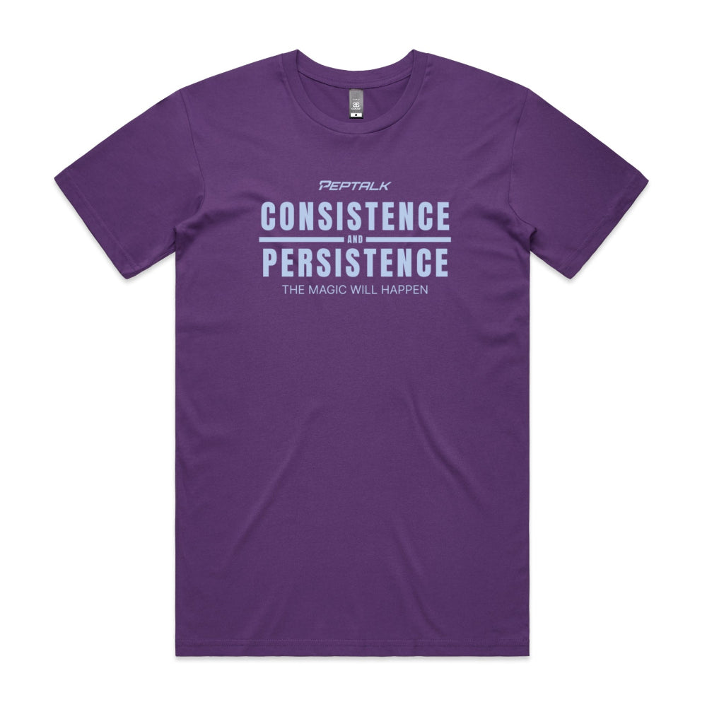 Purple men's shirt with "Consistence and Persistence, The Magic Will Happen" design