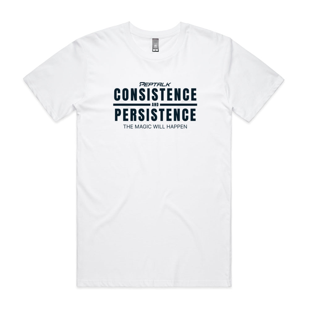 White men's shirt with "Consistence and Persistence, The Magic Will Happen" design