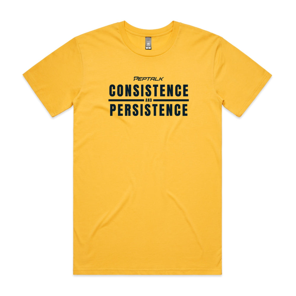 Yellow men's shirt with Consistence and Persistence design