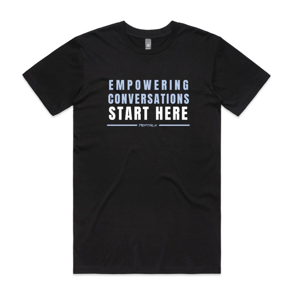 Black men's shirt with "Empowering Conversations Start Here" design