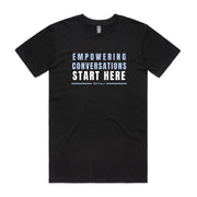 Black men's shirt with "Empowering Conversations Start Here" design