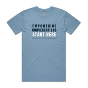 Carolina blue men's shirt with "Empowering Conversations Start Here" design