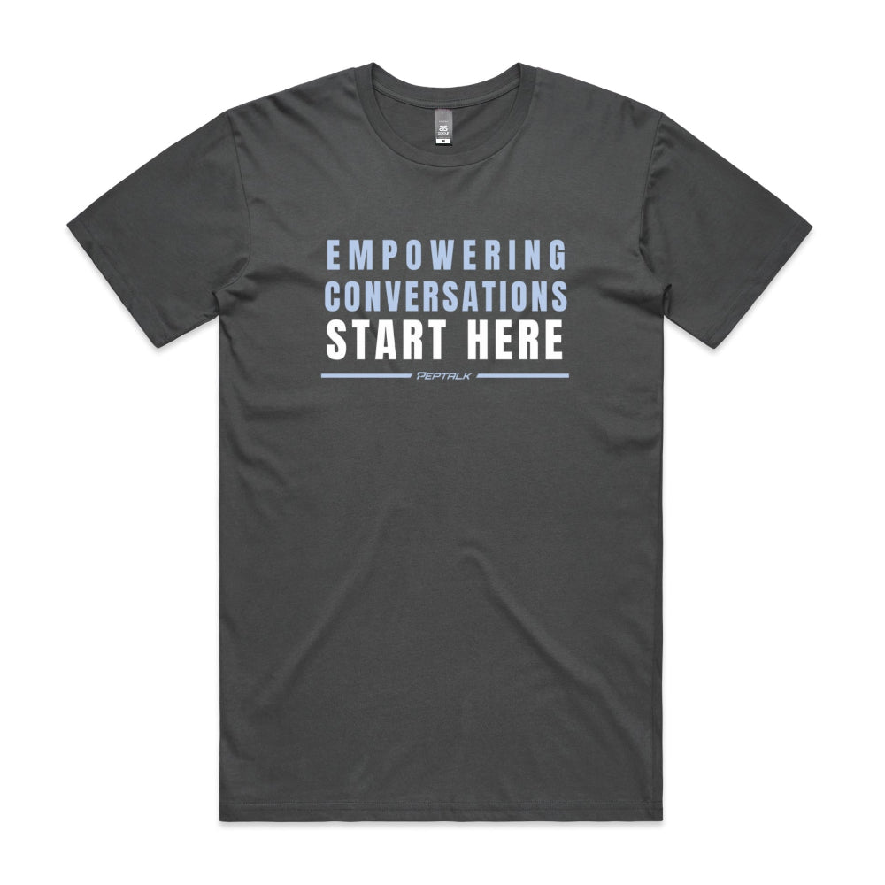 Charcoal men's shirt with "Empowering Conversations Start Here" design