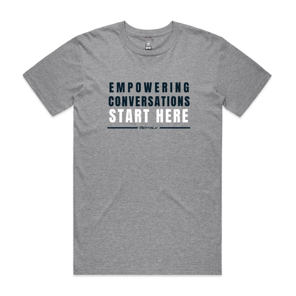 Grey men's shirt with "Empowering Conversations Start Here" design