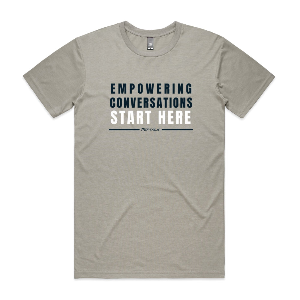 Light grey men's shirt with "Empowering Conversations Start Here" design