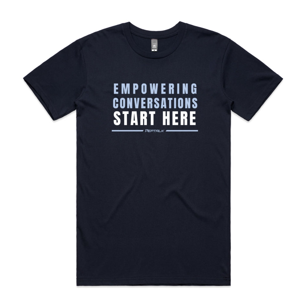 Navy men's shirt with "Empowering Conversations Start Here" design