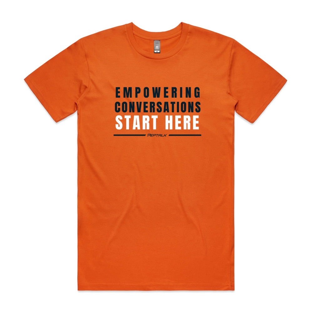 Orange men's shirt with "Empowering Conversations Start Here" design