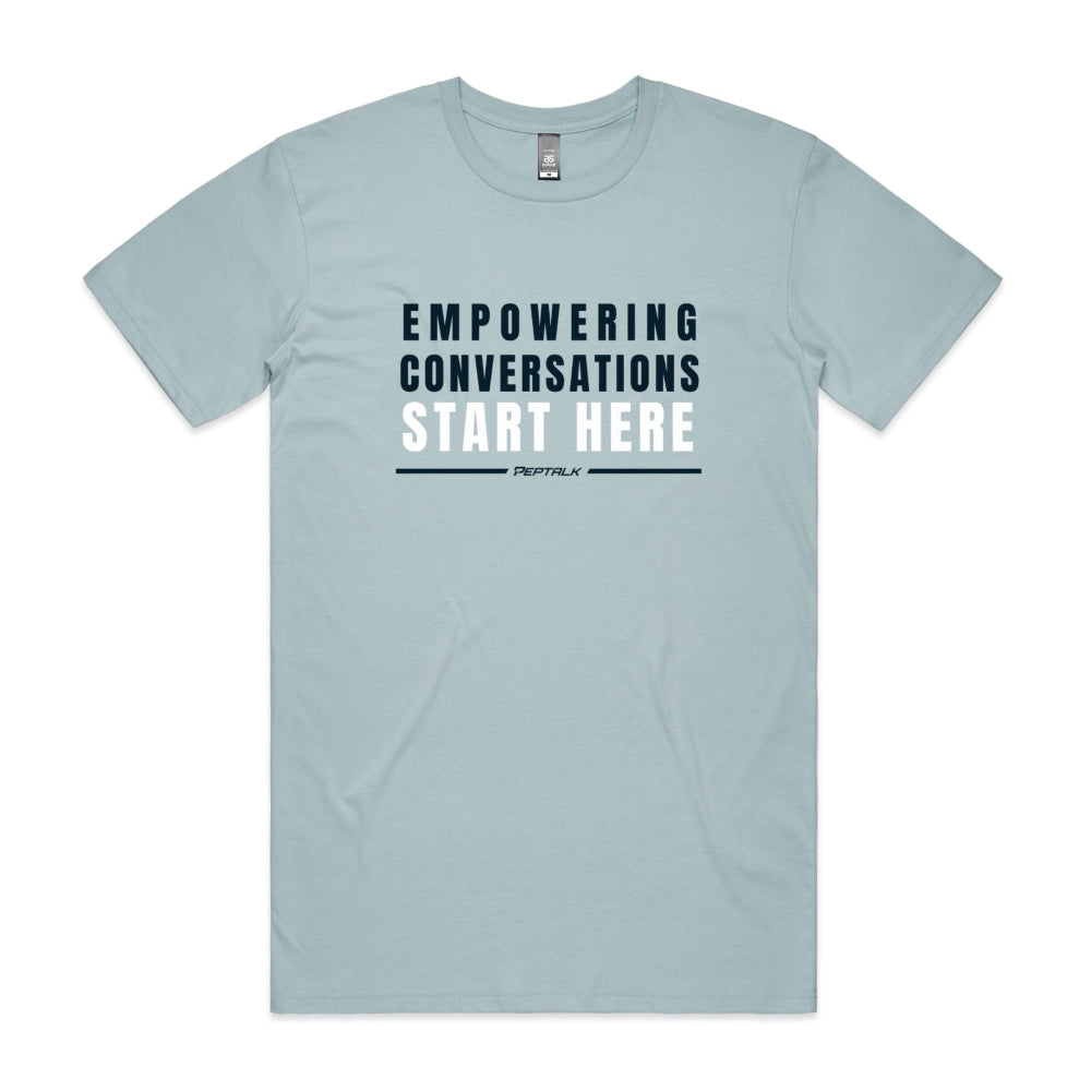 Light blue men's shirt with "Empowering Conversations Start Here" design