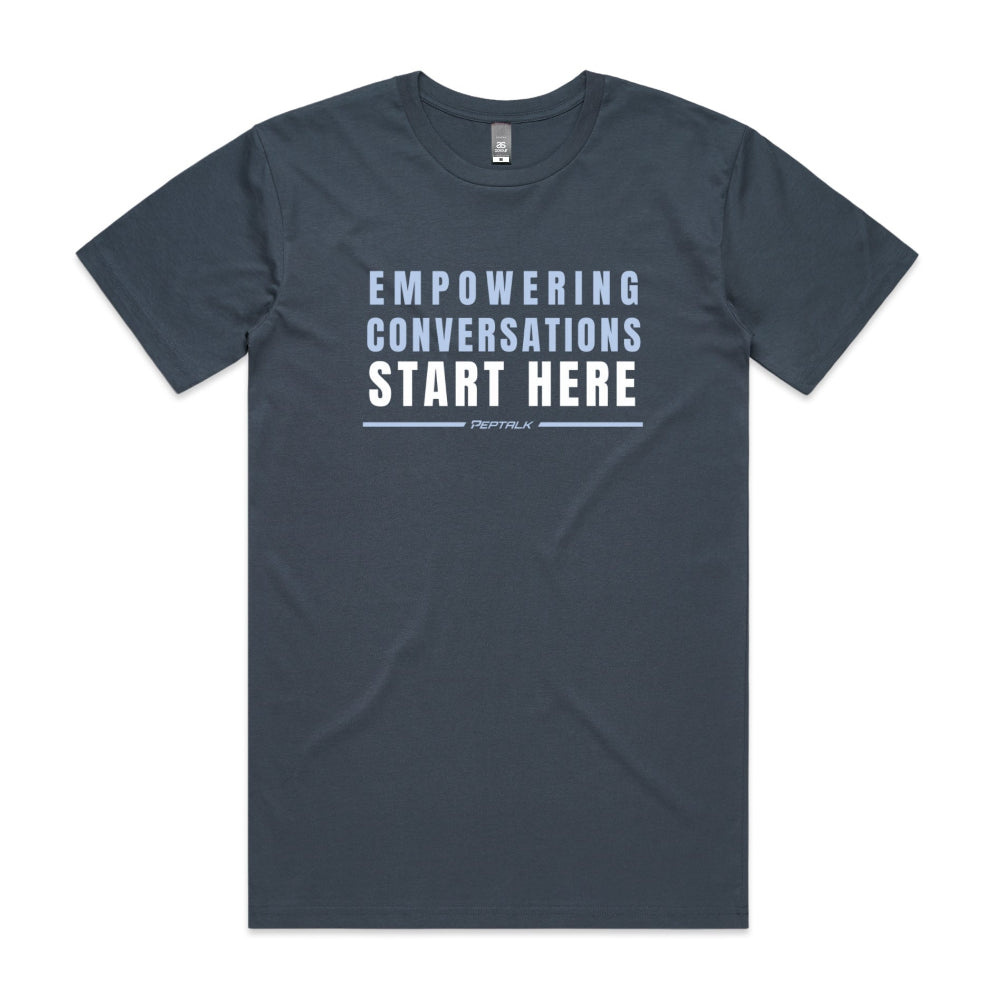 Petrol blue men's shirt with "Empowering Conversations Start Here" design