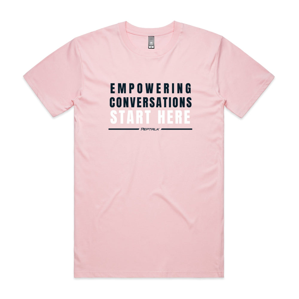 Pink men's shirt with "Empowering Conversations Start Here" design