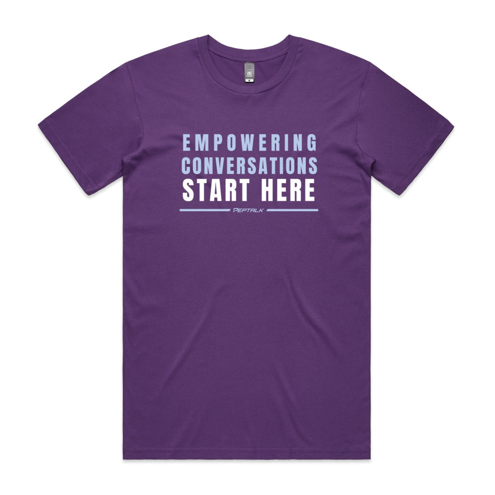 Purple men's shirt with "Empowering Conversations Start Here" design