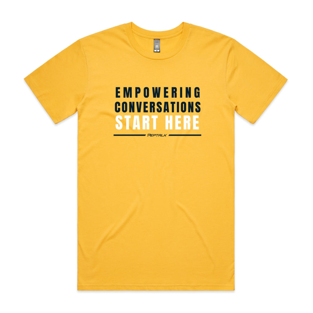 Yellow men's shirt with "Empowering Conversations Start Here" design