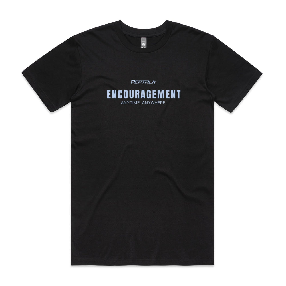 Black men's shirt with "Encouragement Anytime Anywhere" design