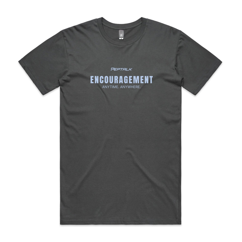 Charcoal men's shirt with "Encouragement Anytime Anywhere" design