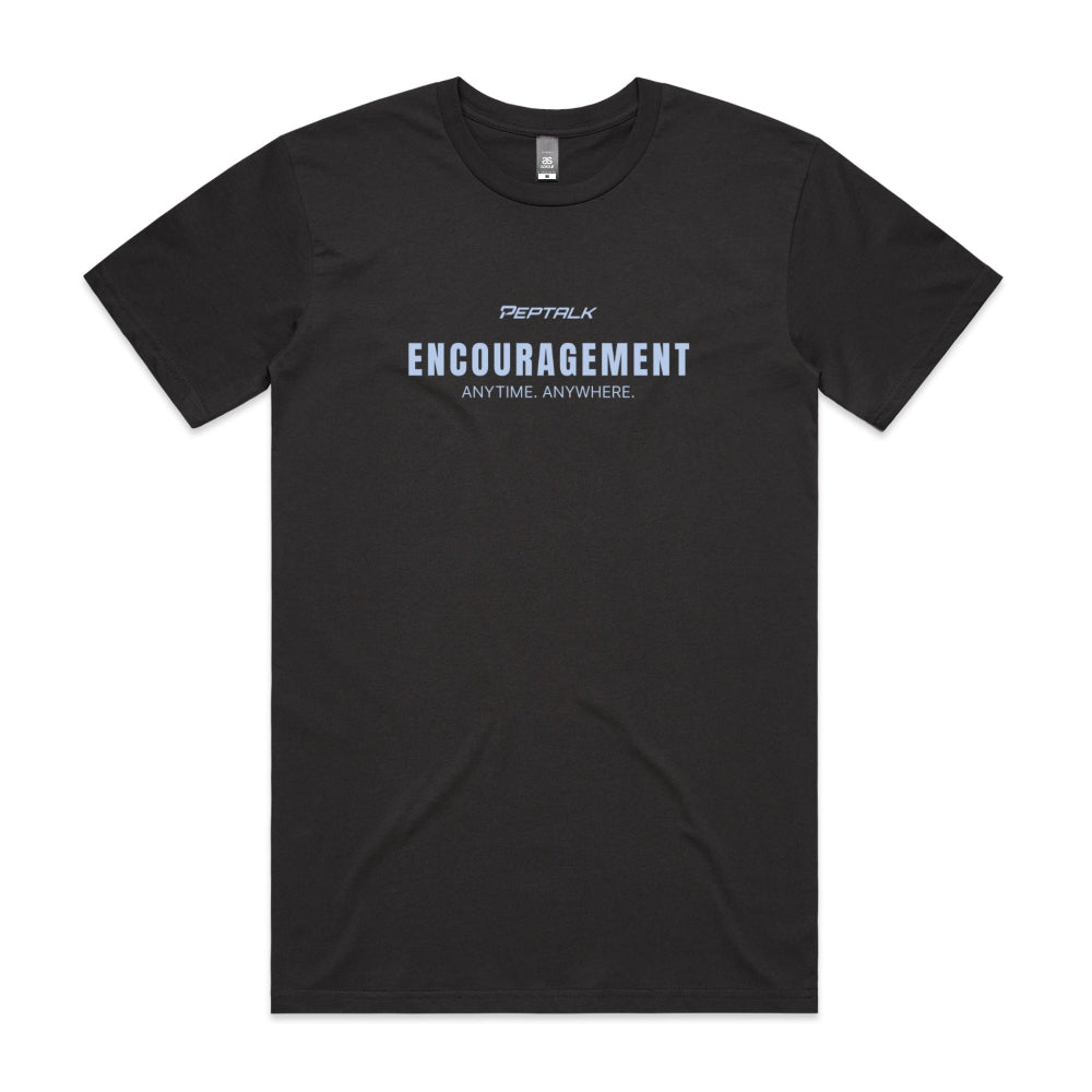 Coal men's shirt with "Encouragement Anytime Anywhere" design